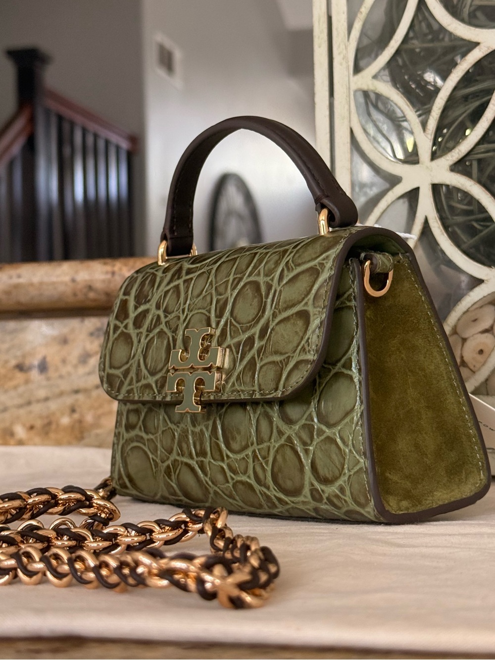 New TORY BURCH BRITTEN EMBOSSED CROC MINI TOP HANDLE 175817 0126 SOFT IVY - Picture 6 of 6